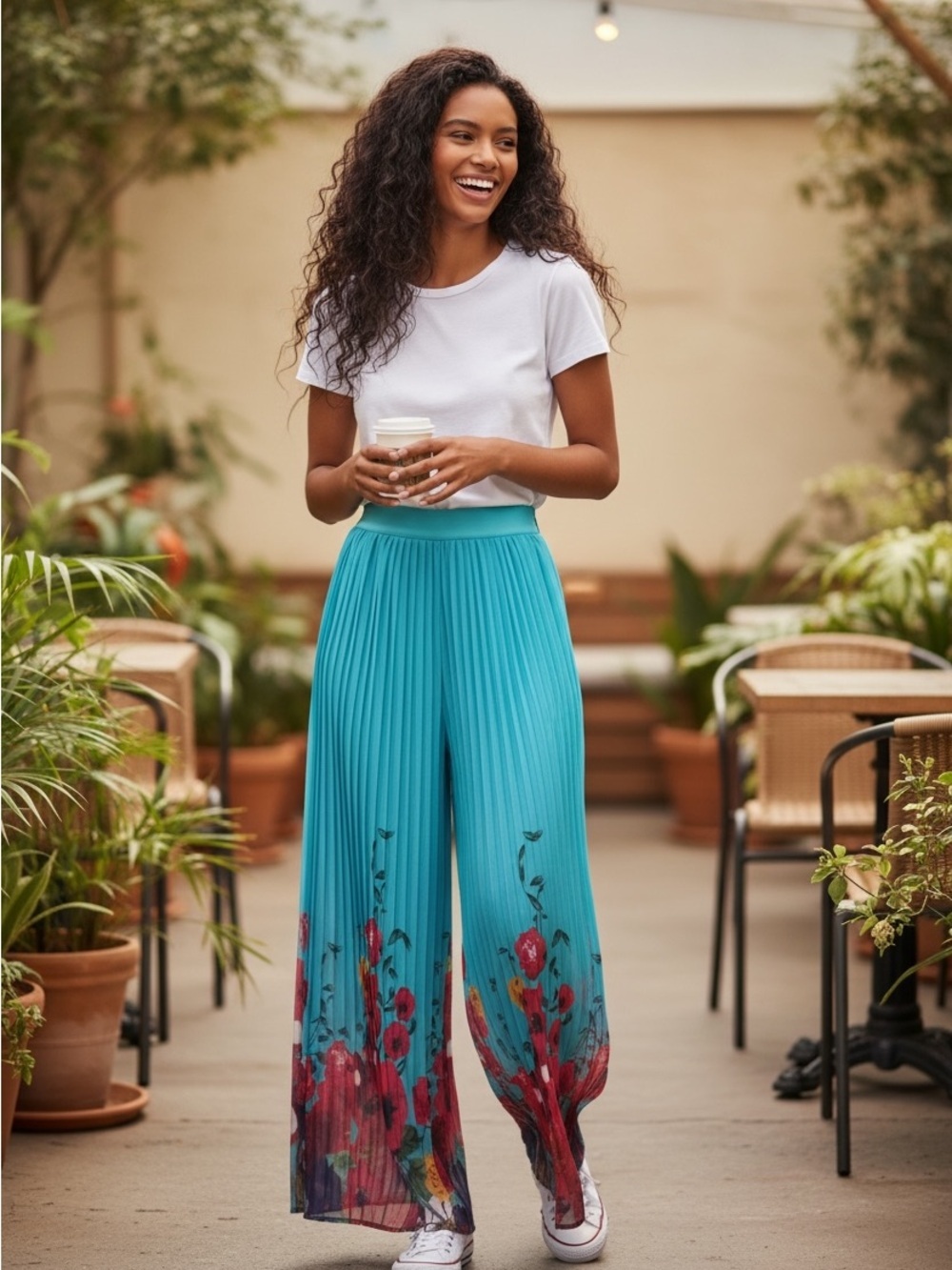 Pleated Wide-Leg Floral Print Pants in Teal